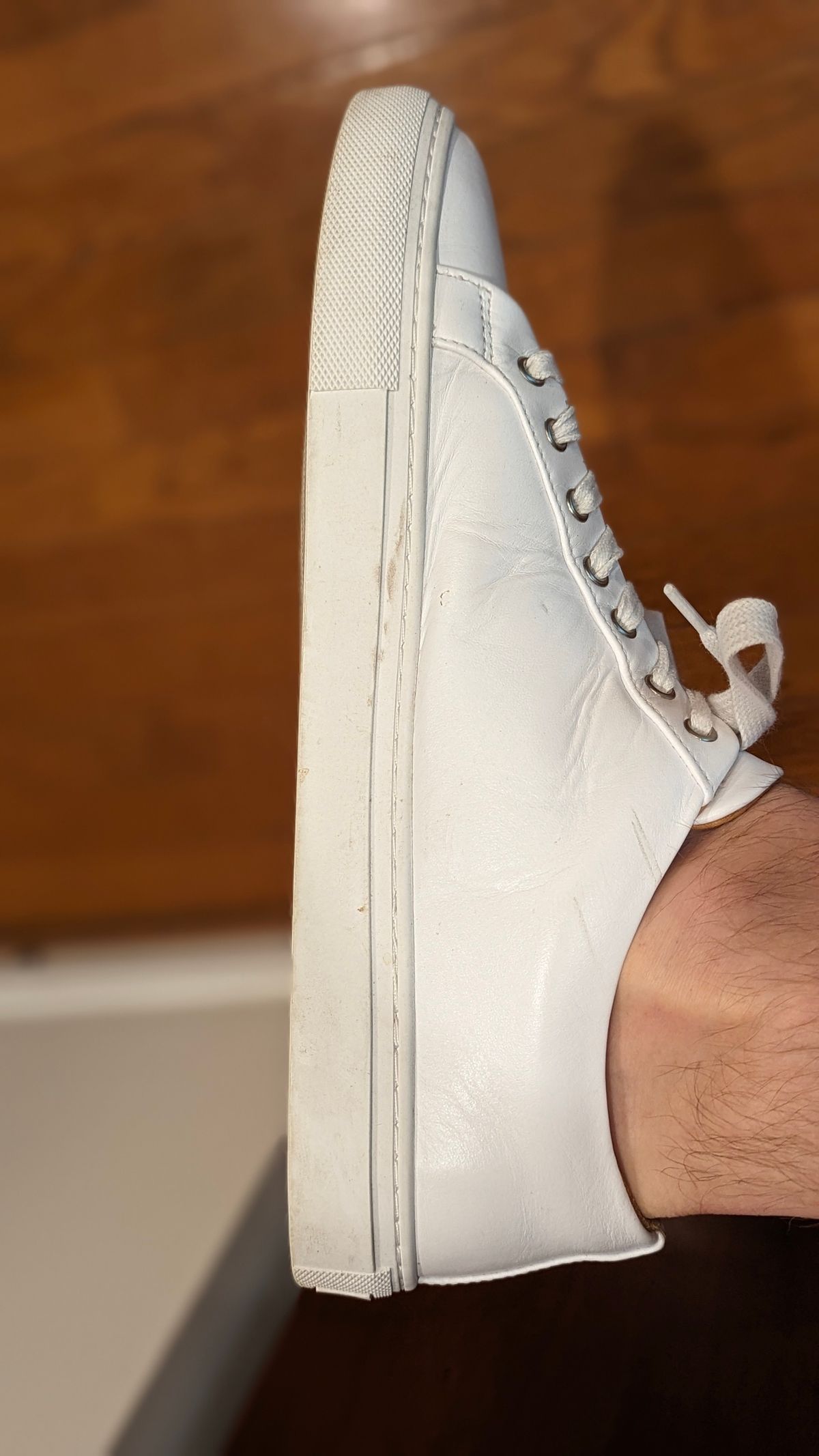 Photo by StinkyWizzleTeets14 on May 10, 2024 of the Thursday Premier Low Top in White Italian Nappa.