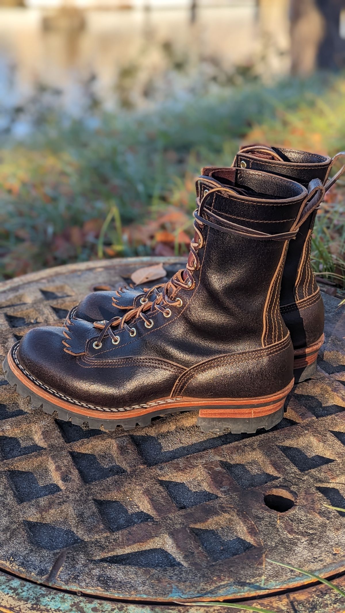 Photo by StinkyWizzleTeets14 on November 2, 2023 of the Nicks Lace to Toe Heritage in Horween Brown Waxed Flesh.