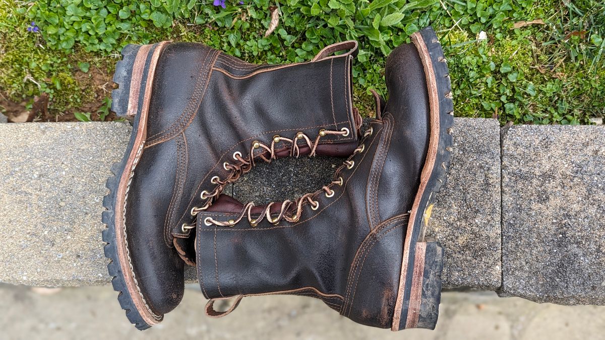 Photo by StinkyWizzleTeets14 on April 5, 2024 of the Nicks Lace to Toe Heritage in Horween Brown Waxed Flesh.