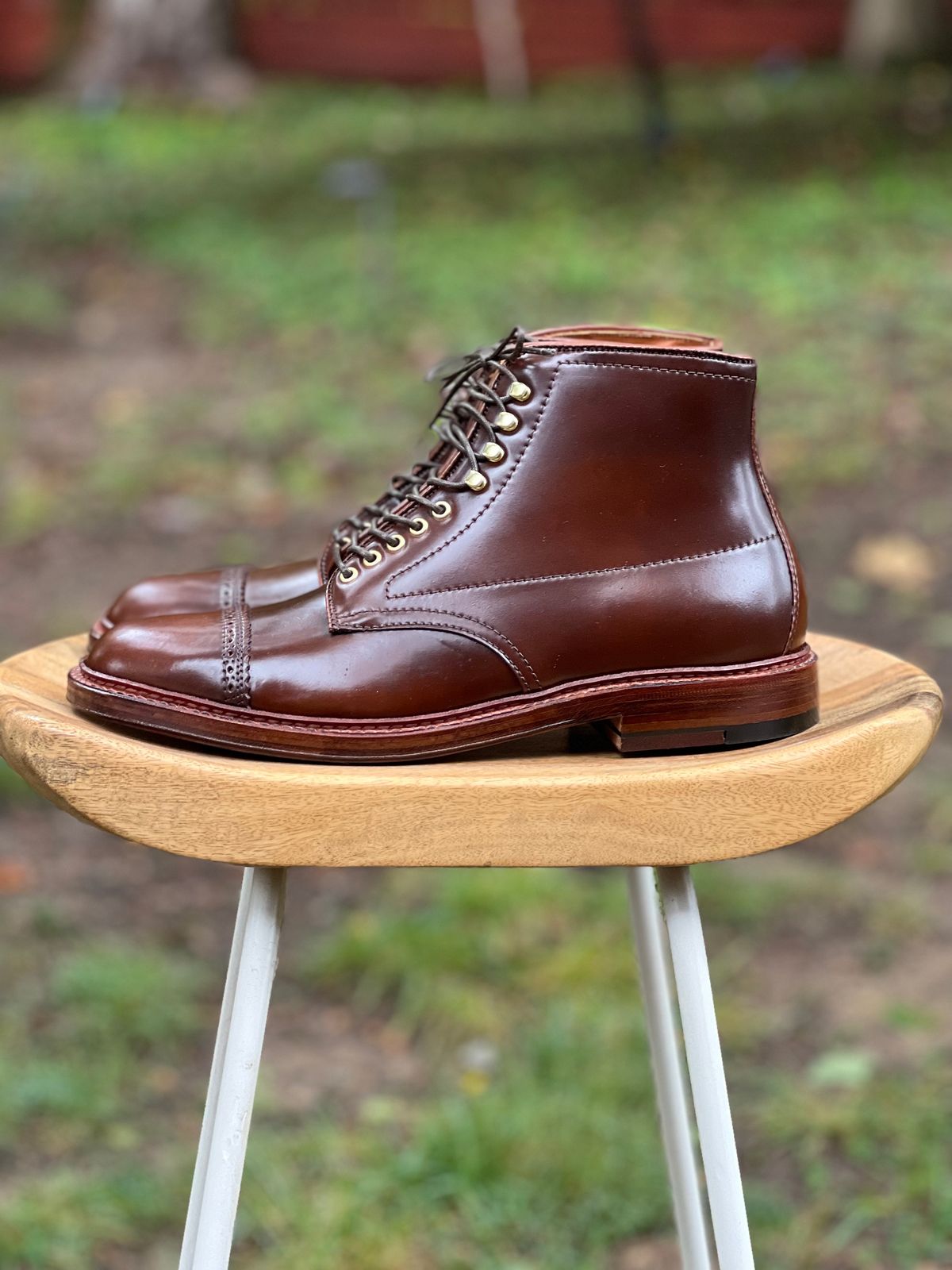Photo by last.sole on October 5, 2022 of the Alden Perforated Cap Toe Boot in Unlisted Leather.