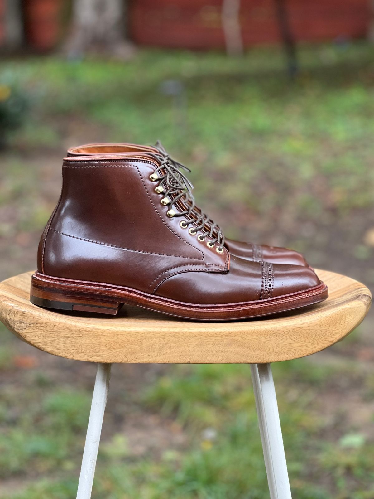 Photo by last.sole on October 5, 2022 of the Alden Perforated Cap Toe Boot in Unlisted Leather.
