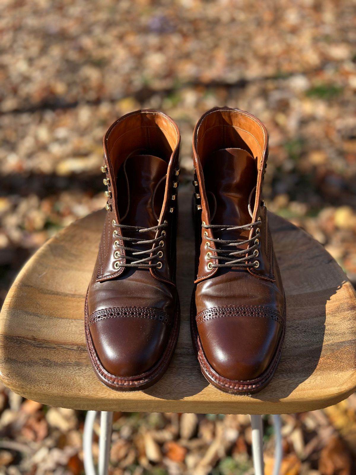 Photo by last.sole on November 9, 2022 of the Alden Perforated Cap Toe Boot in Unlisted Leather.