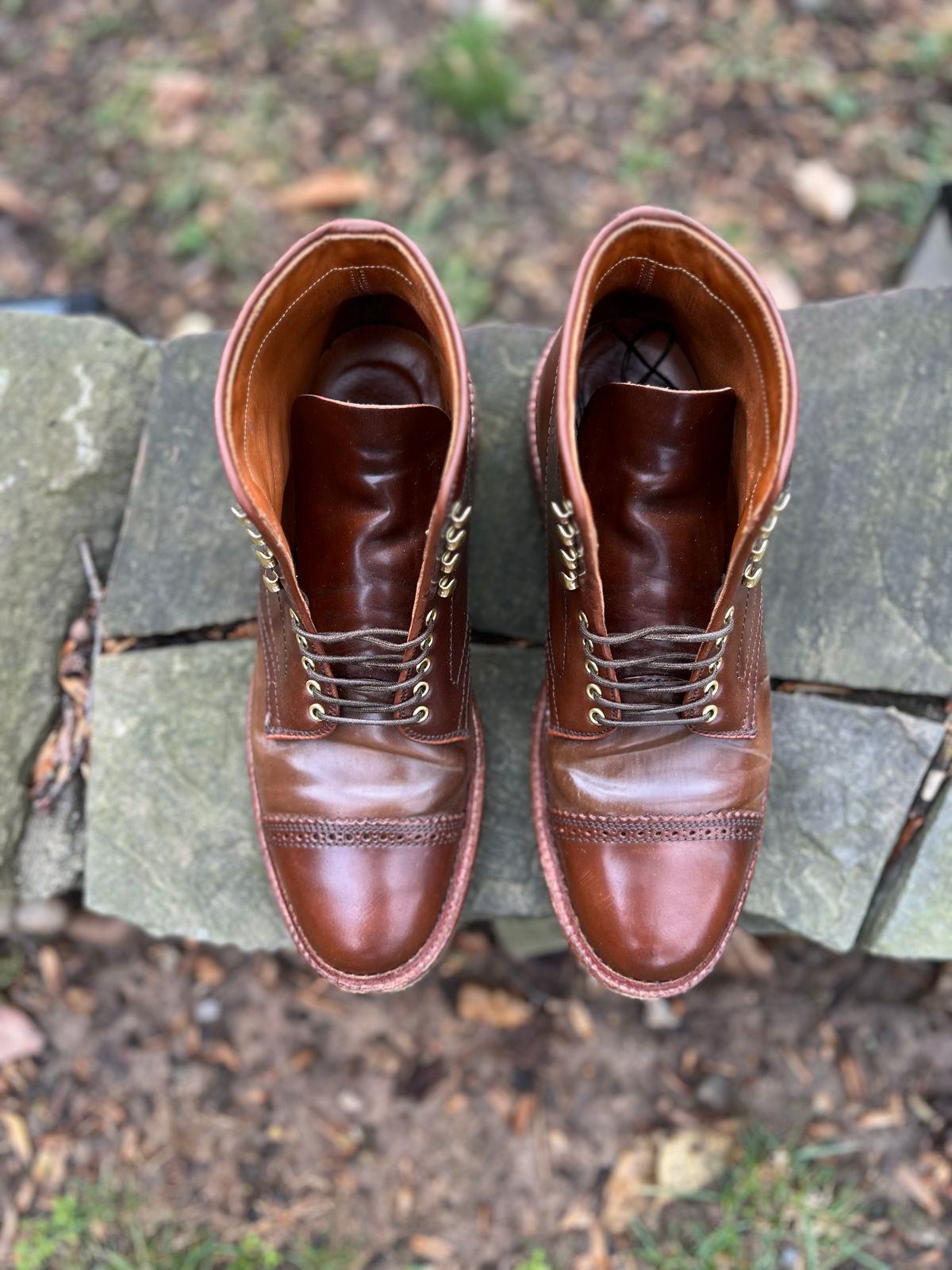 Photo by last.sole on February 1, 2023 of the Alden Perforated Cap Toe Boot in Unlisted Leather.