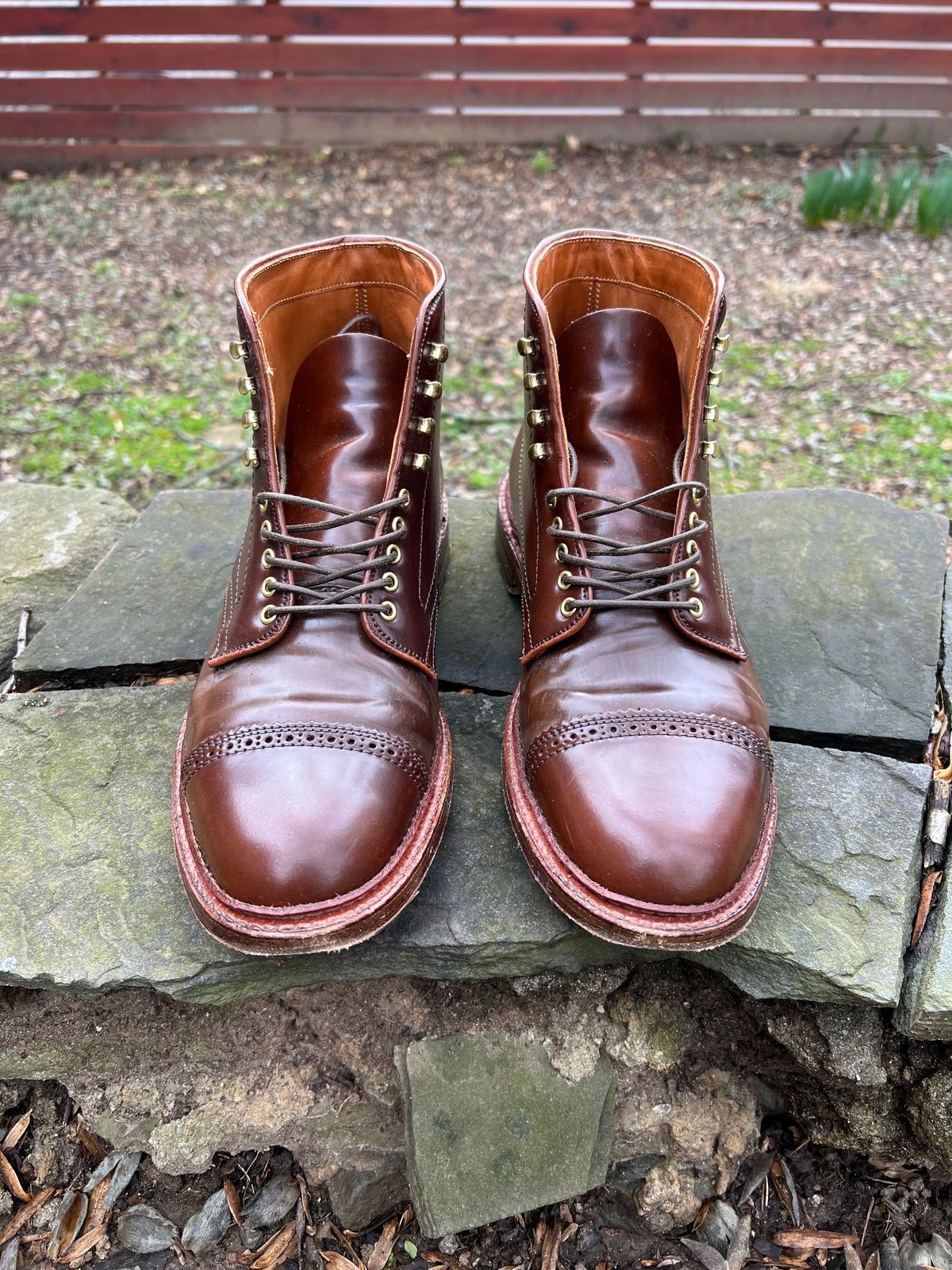 Photo by last.sole on March 2, 2023 of the Alden Perforated Cap Toe Boot in Unlisted Leather.