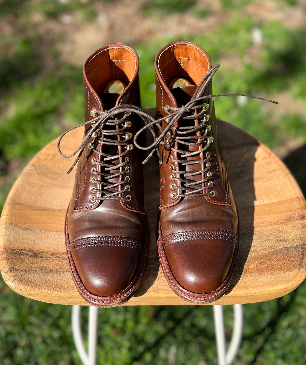 Photo by last.sole on April 3, 2023 of the Alden Perforated Cap Toe Boot in Unlisted Leather.