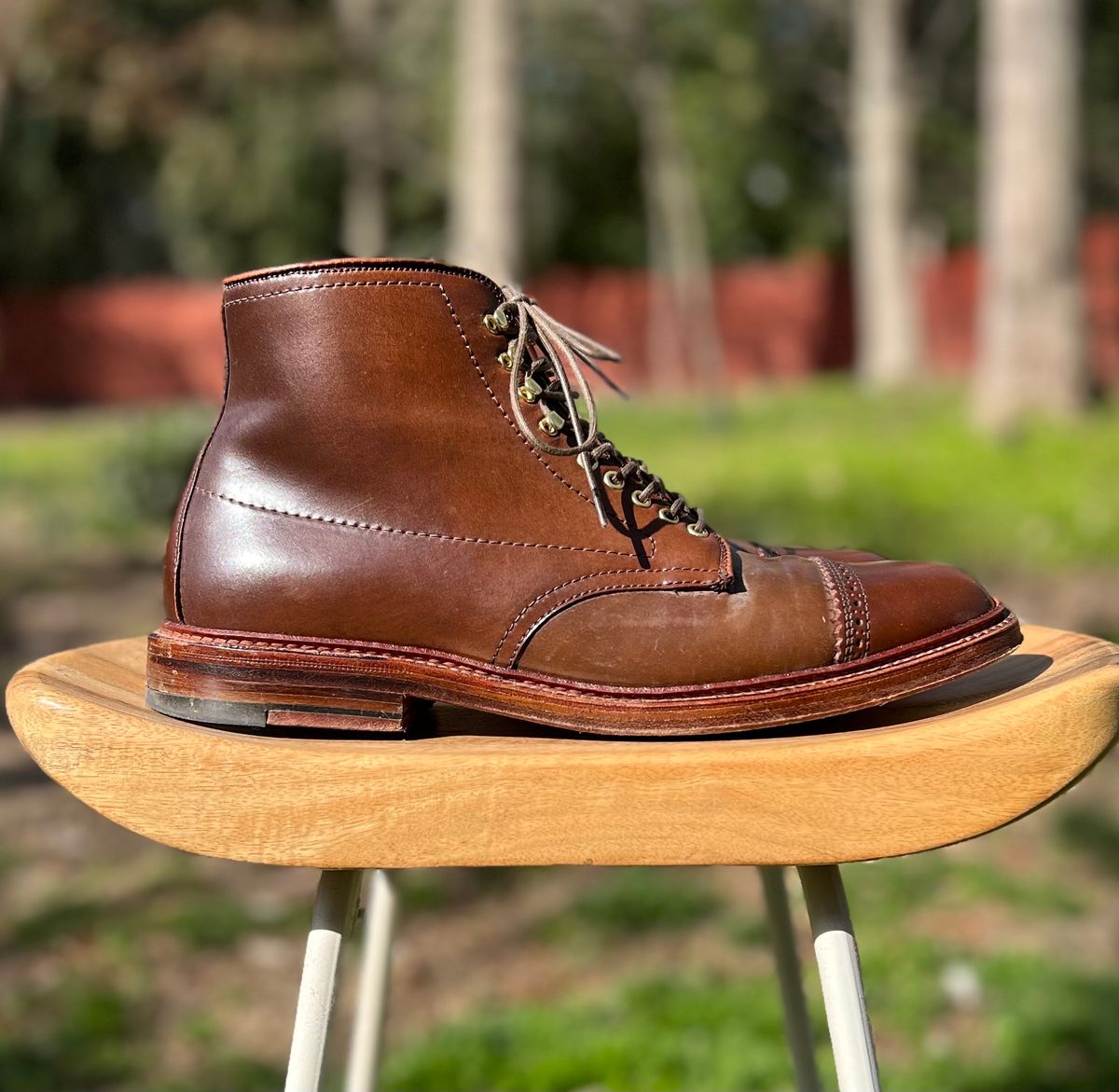 Photo by last.sole on April 3, 2023 of the Alden Perforated Cap Toe Boot in Unlisted Leather.