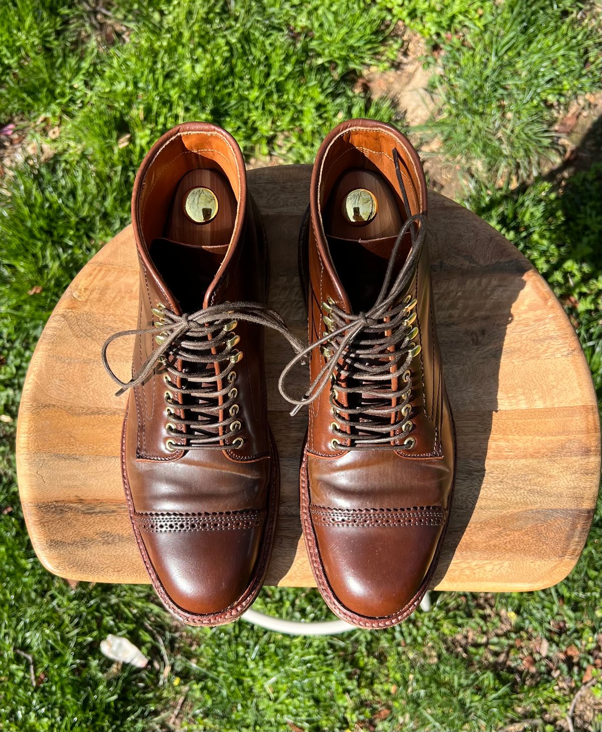 Photo by last.sole on April 3, 2023 of the Alden Perforated Cap Toe Boot in Unlisted Leather.