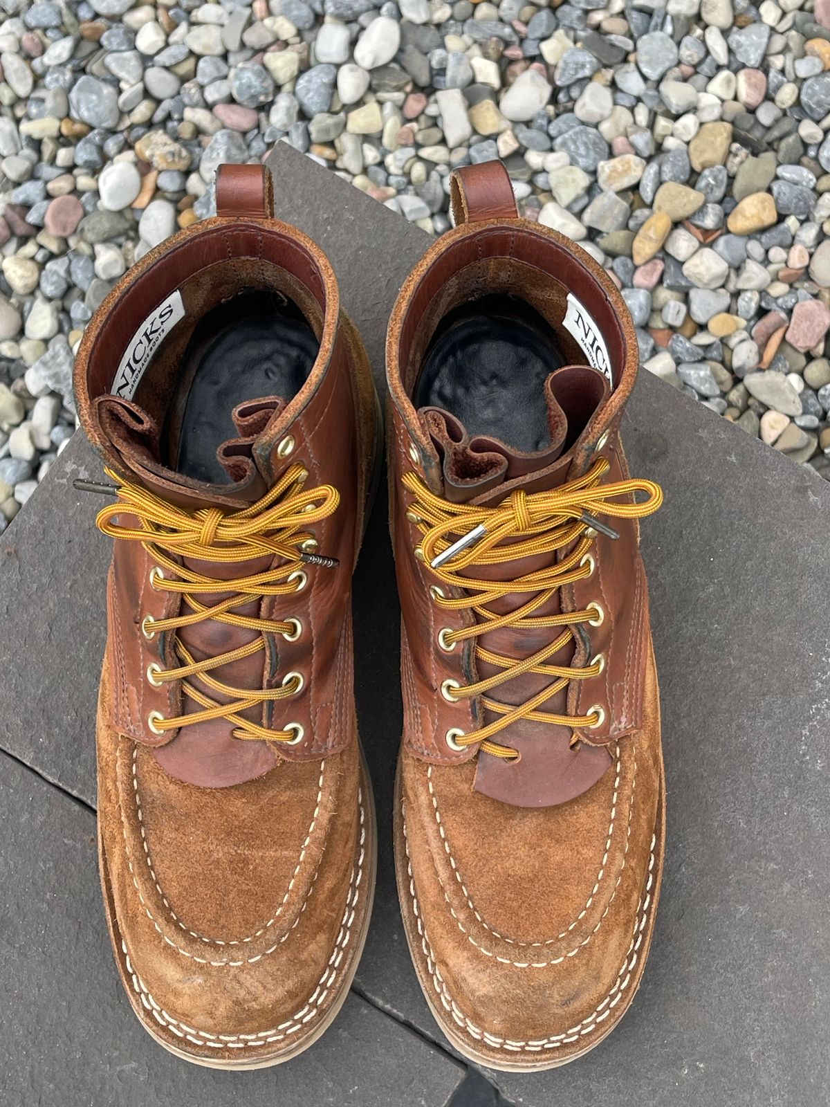 Photo by kkibbey on January 3, 2024 of the Nicks Moc Toe in Seidel 1964 Brown Roughout.