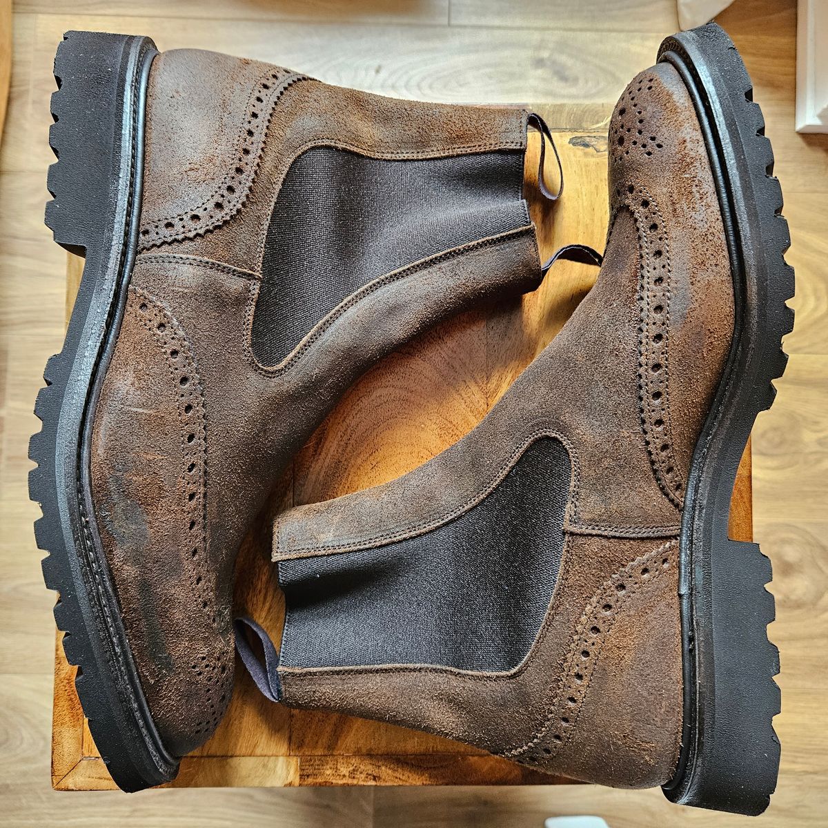 Photo by kudusole on October 1, 2023 of the Tricker's Henry Country Dealer Boot in C.F. Stead Snuff Waxed Suede.