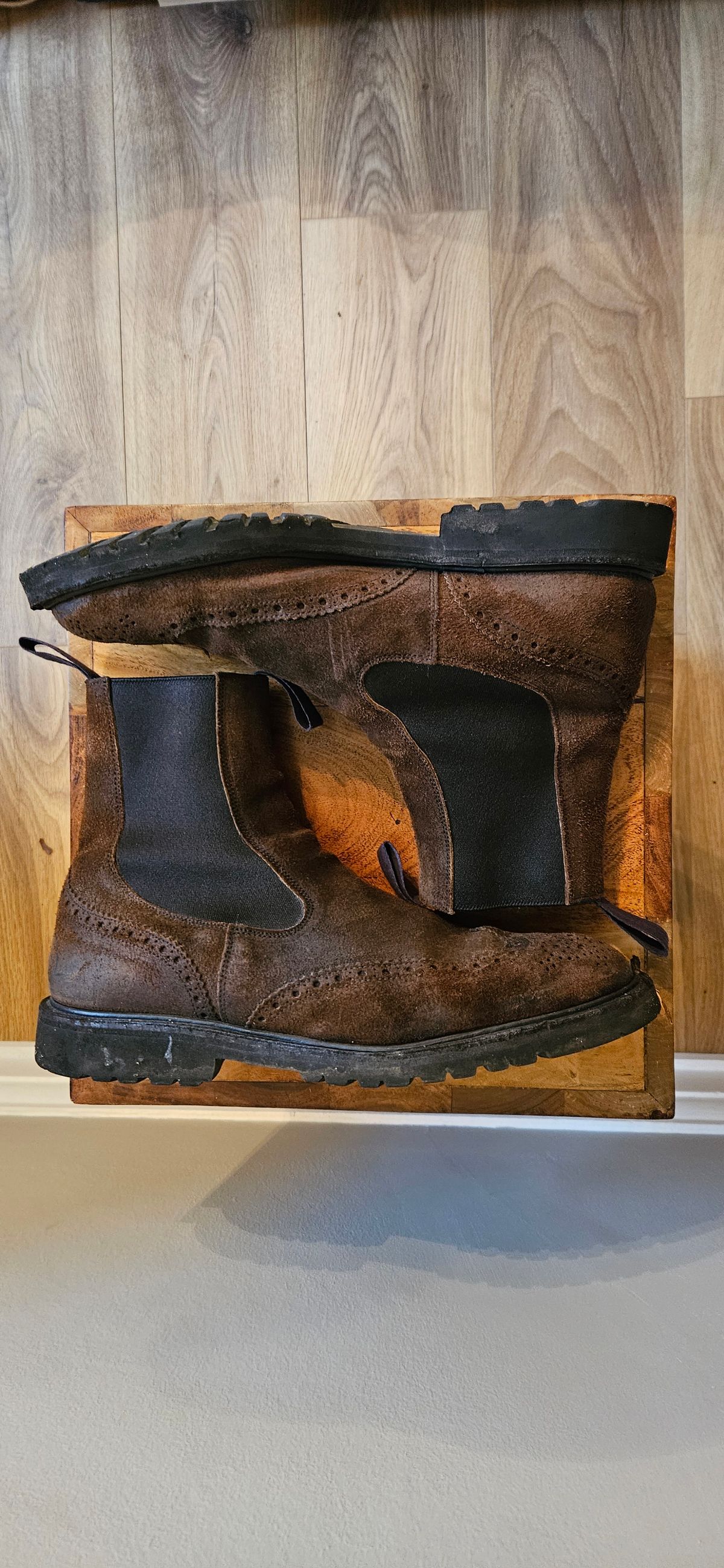 Photo by kudusole on November 2, 2023 of the Tricker's Henry Country Dealer Boot in C.F. Stead Snuff Waxed Suede.