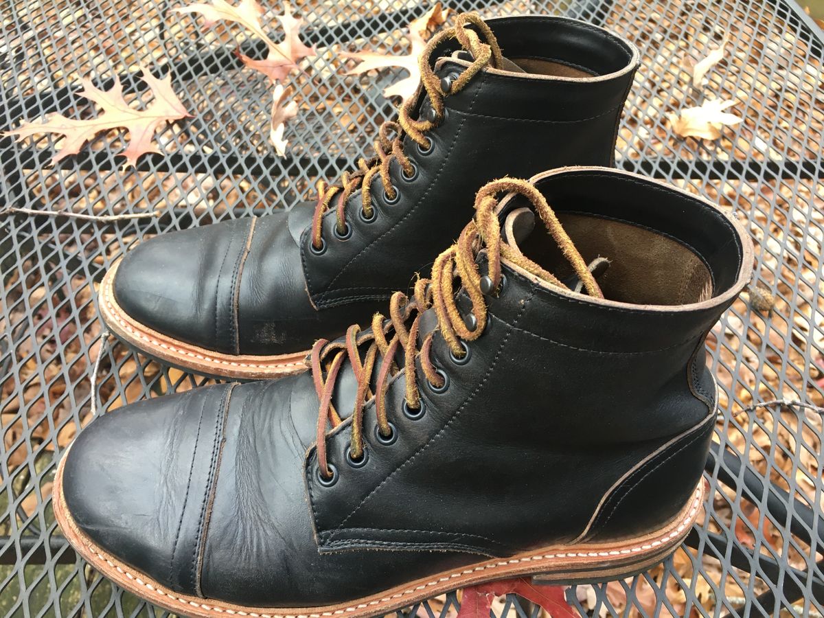 Photo by RustyKeystone on November 14, 2022 of the Oak Street Bootmakers Trench Boot in Horween Black Chromexcel.
