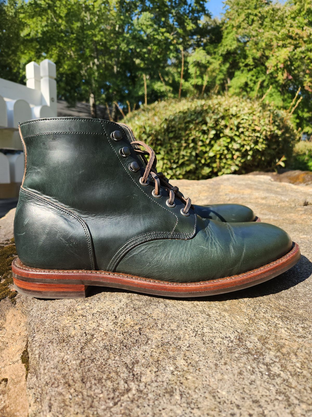 Photo by suplehdog on October 1, 2023 of the Grant Stone Diesel Boot in Horween Navy Chromexcel.