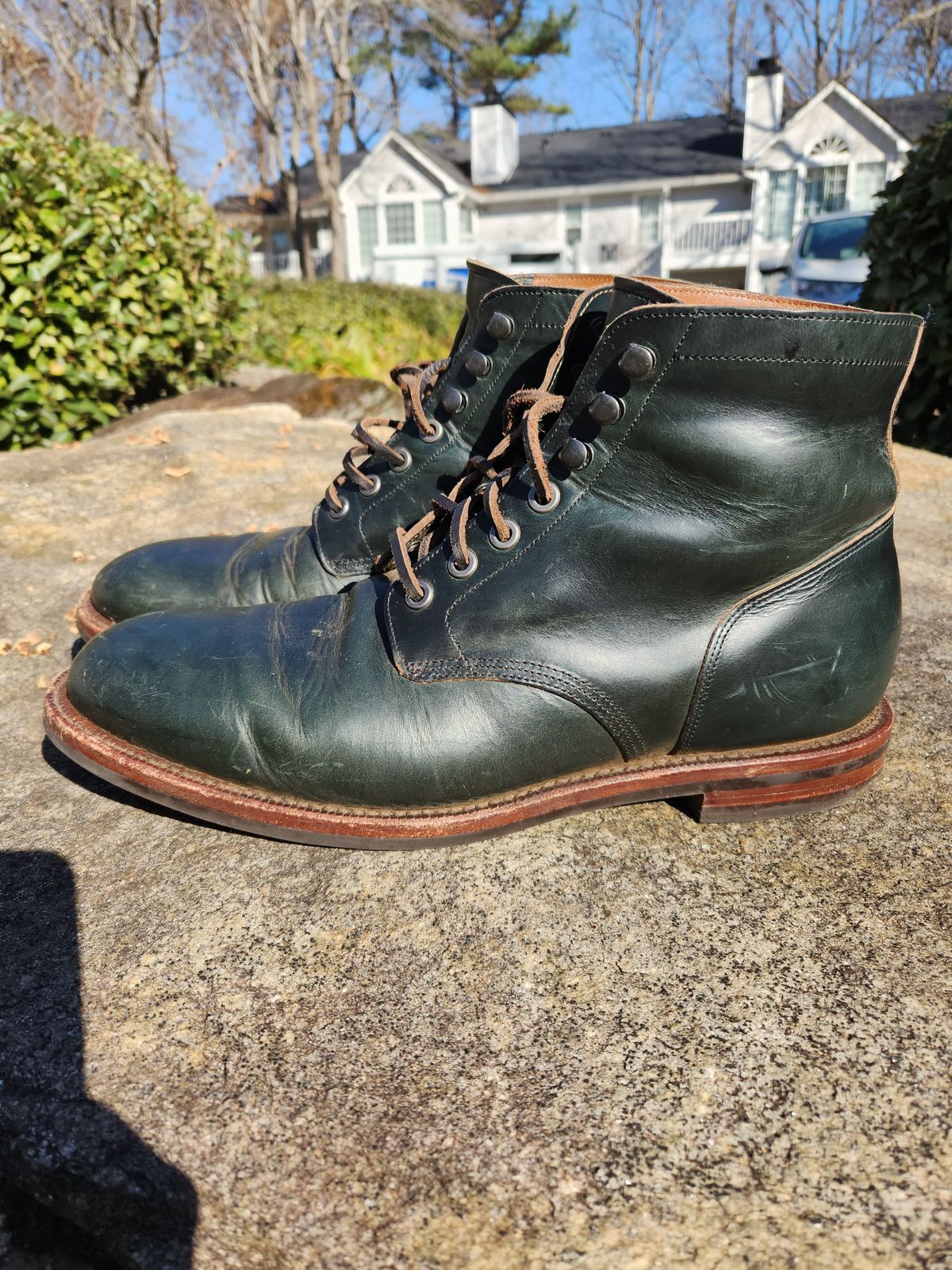 Photo by suplehdog on December 5, 2023 of the Grant Stone Diesel Boot in Horween Navy Chromexcel.