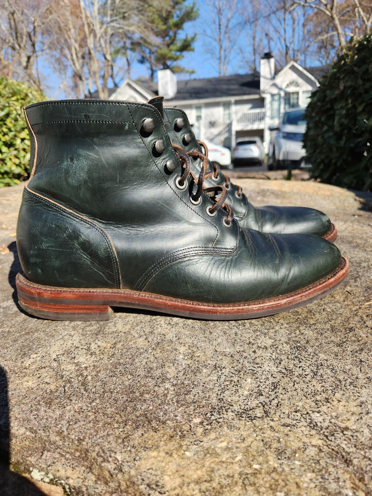 Photo by suplehdog on December 5, 2023 of the Grant Stone Diesel Boot in Horween Navy Chromexcel.