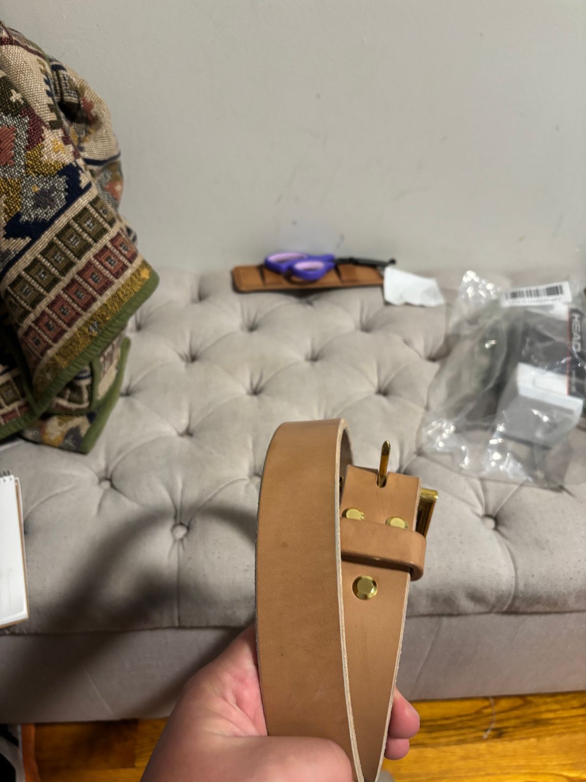 Photo by bootbastard on October 1, 2025 of the Carmine Jack Leather J&FJ Baker Natural Oak Bark Bridle Belts in J&FJ Baker Natural Oak Bark Tanned Harness.