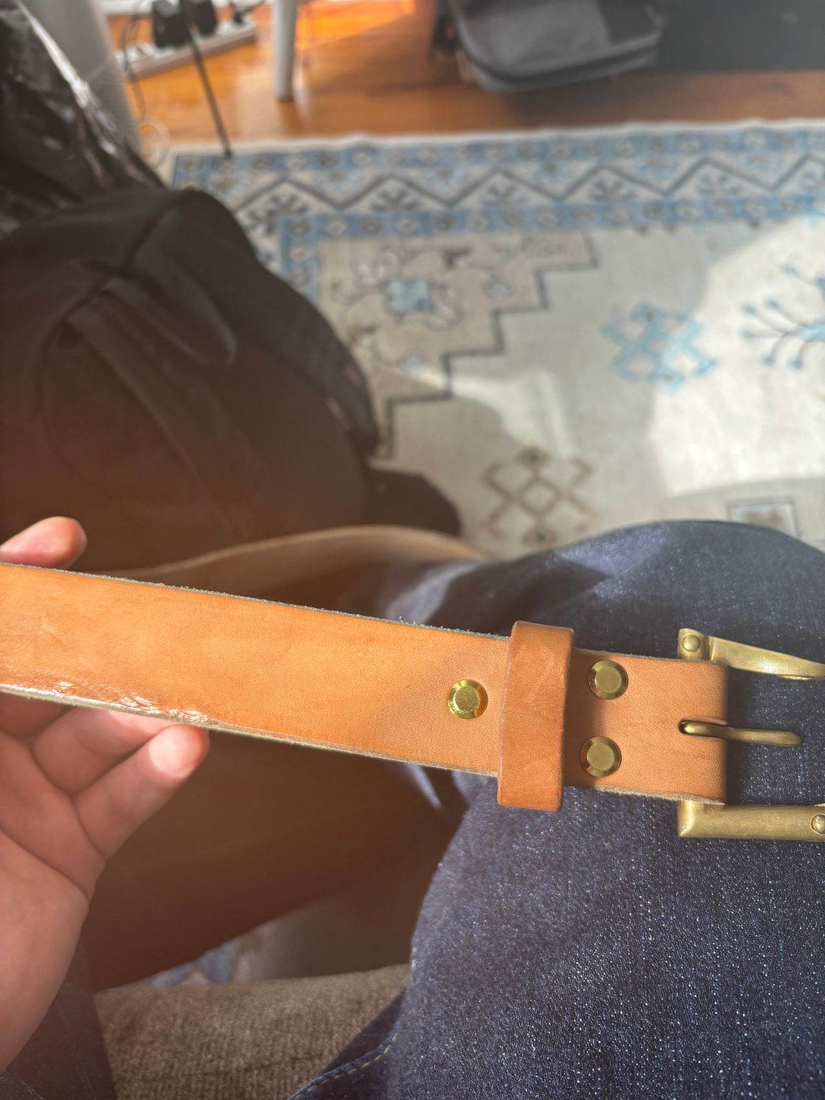 Photo by bootbastard on November 1, 2025 of the Carmine Jack Leather J&FJ Baker Natural Oak Bark Bridle Belts in J&FJ Baker Natural Oak Bark Tanned Harness.