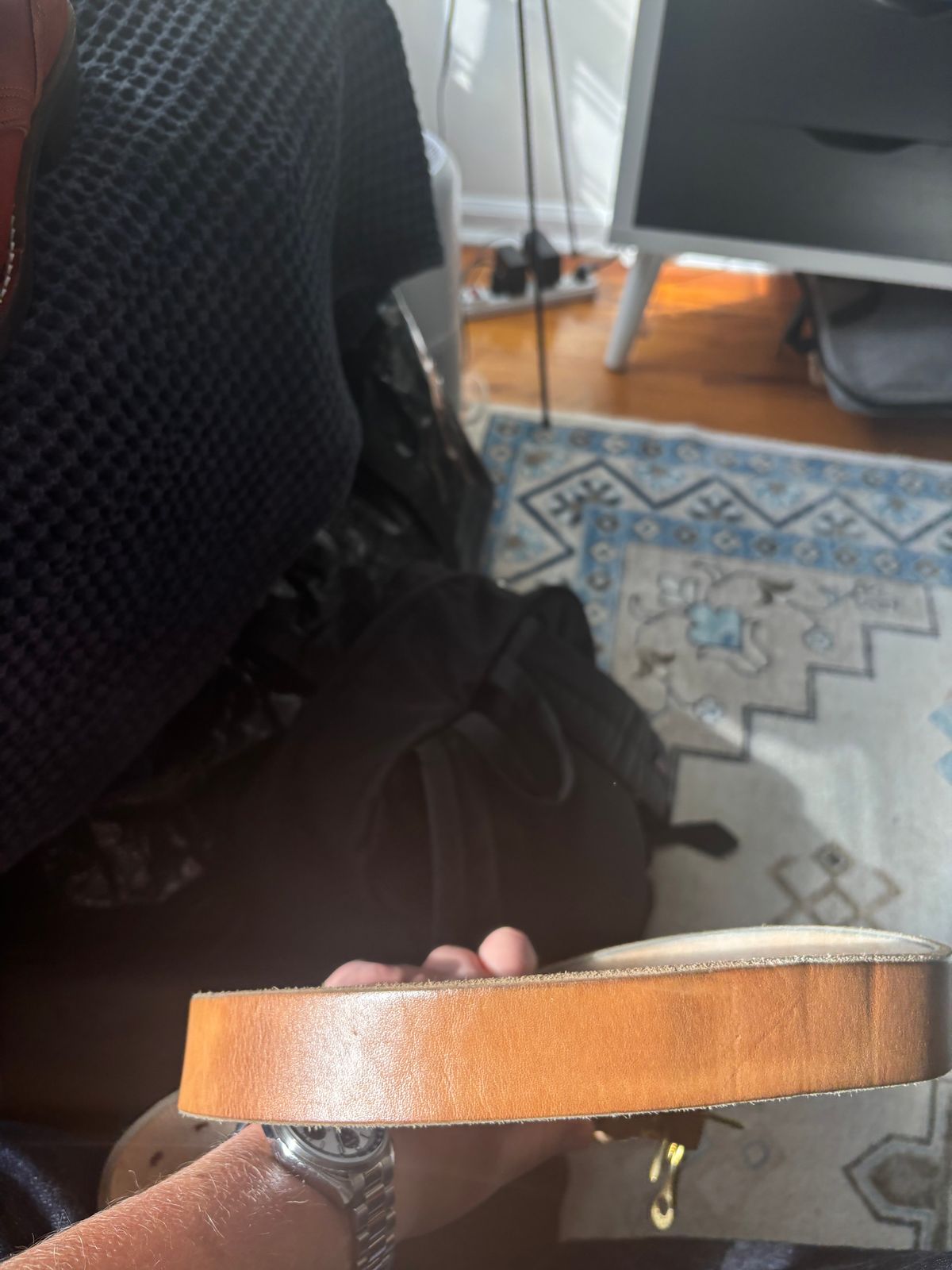 Photo by bootbastard on November 1, 2025 of the Carmine Jack Leather J&FJ Baker Natural Oak Bark Bridle Belts in J&FJ Baker Natural Oak Bark Tanned Harness.