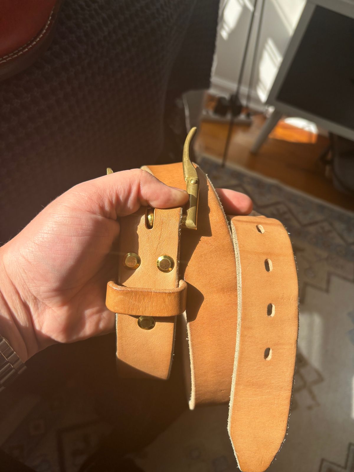 Photo by bootbastard on November 1, 2025 of the Carmine Jack Leather J&FJ Baker Natural Oak Bark Bridle Belts in J&FJ Baker Natural Oak Bark Tanned Harness.