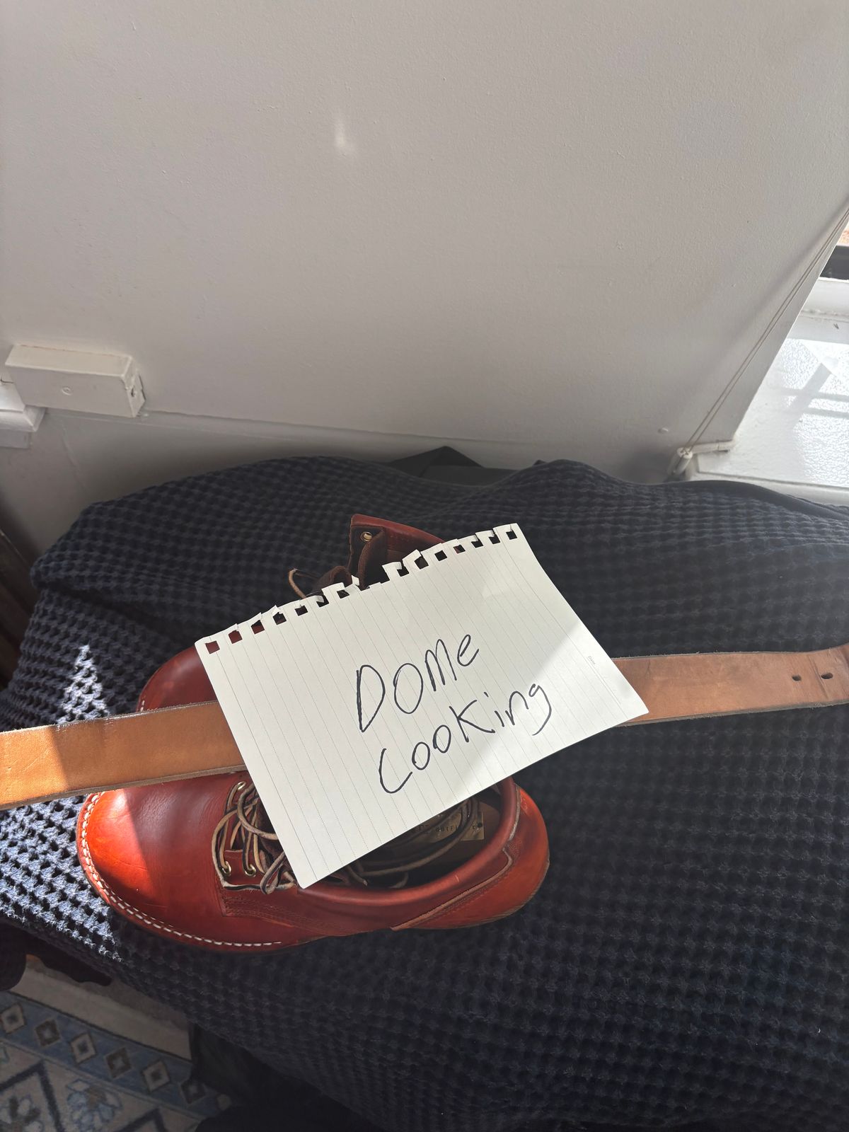 Photo by bootbastard on November 1, 2025 of the Carmine Jack Leather J&FJ Baker Natural Oak Bark Bridle Belts in J&FJ Baker Natural Oak Bark Tanned Harness.