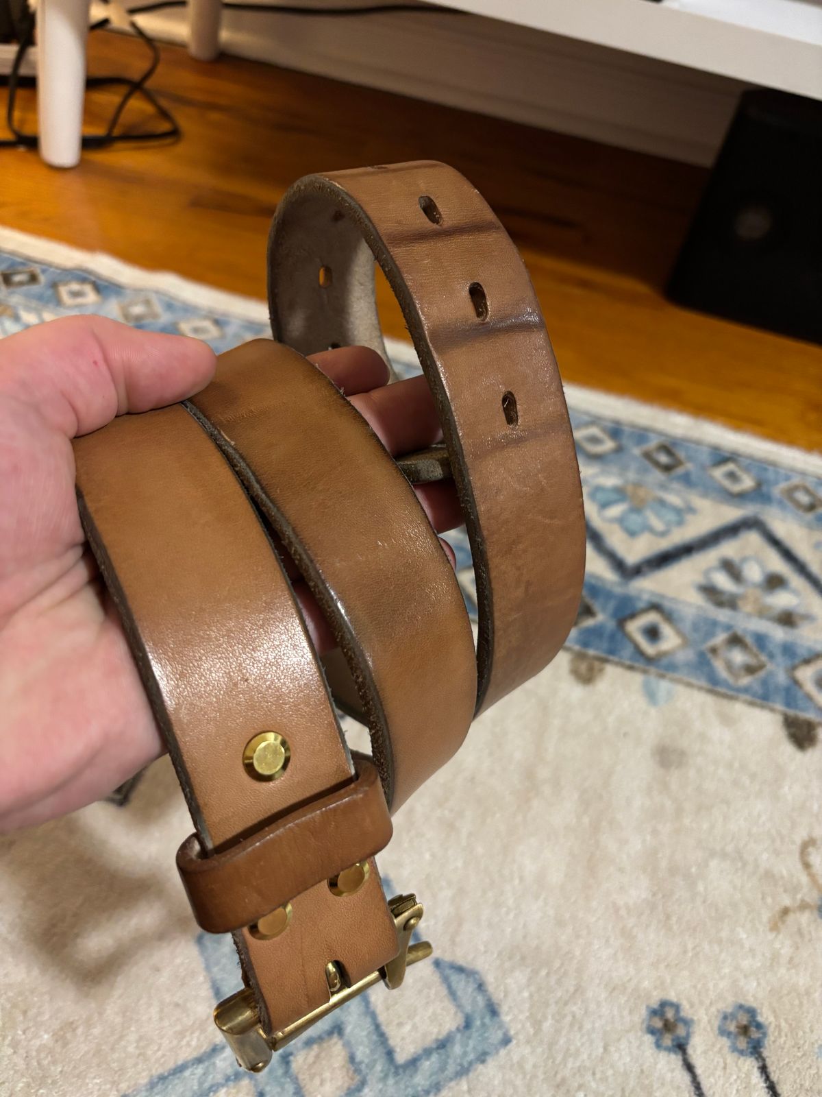 Photo by bootbastard on December 6, 2025 of the Carmine Jack Leather J&FJ Baker Natural Oak Bark Bridle Belts in J&FJ Baker Natural Oak Bark Tanned Harness.