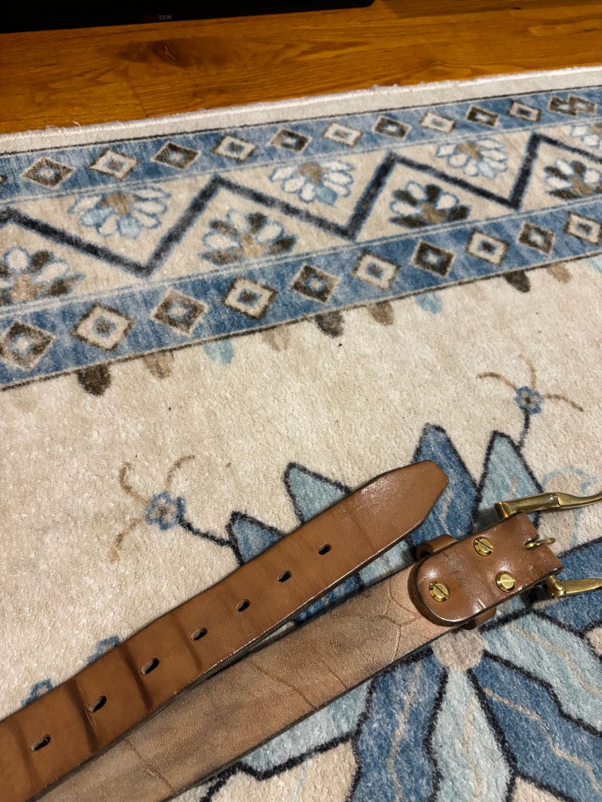 Photo by bootbastard on December 6, 2025 of the Carmine Jack Leather J&FJ Baker Natural Oak Bark Bridle Belts in J&FJ Baker Natural Oak Bark Tanned Harness.