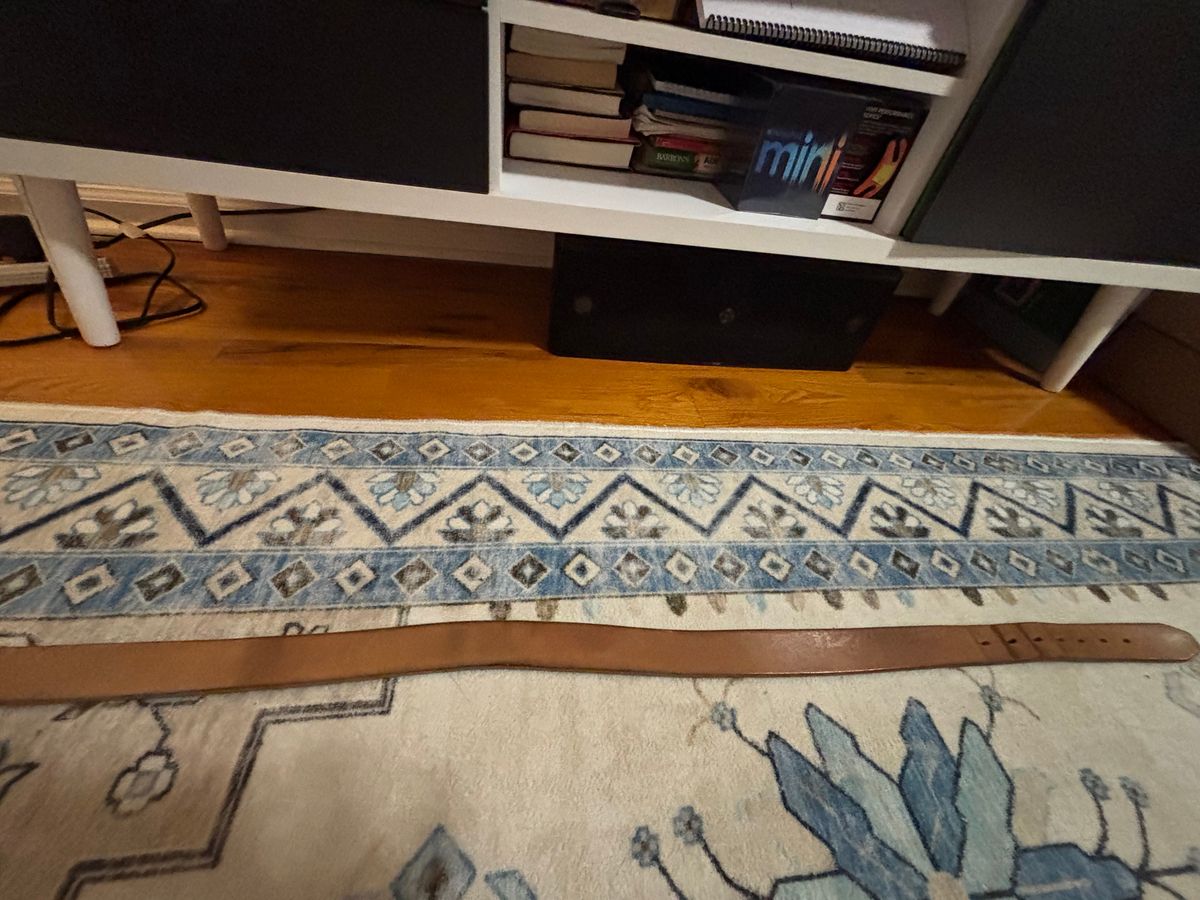 Photo by bootbastard on December 6, 2025 of the Carmine Jack Leather J&FJ Baker Natural Oak Bark Bridle Belts in J&FJ Baker Natural Oak Bark Tanned Harness.