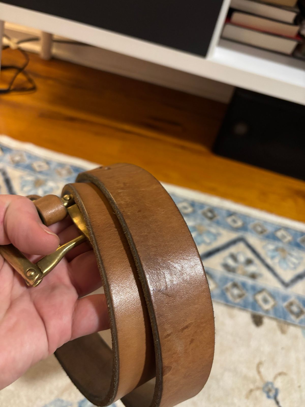 Photo by bootbastard on December 6, 2025 of the Carmine Jack Leather J&FJ Baker Natural Oak Bark Bridle Belts in J&FJ Baker Natural Oak Bark Tanned Harness.