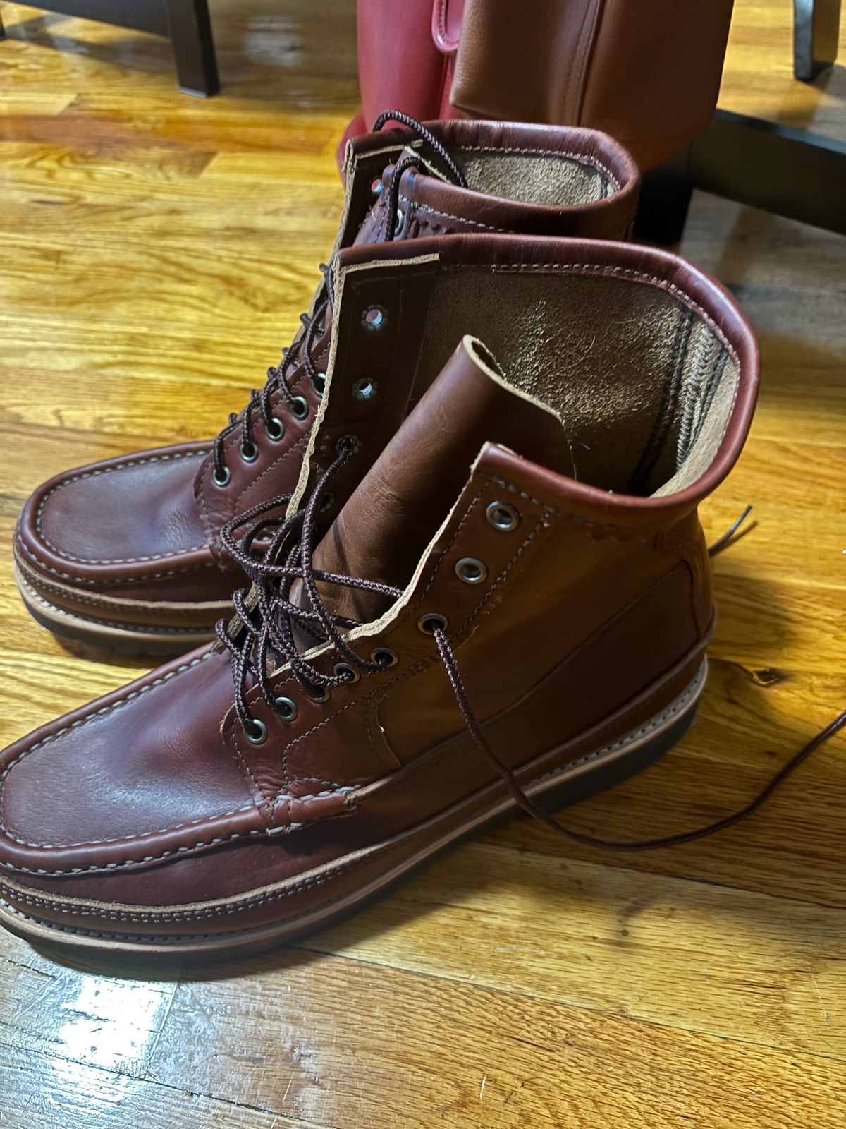 Photo by bootbastard on September 23, 2025 of the Russell Moccasin Co. Joe's PH in Seidel Burgundy Double Shot & Seidel Natural Double Shot.