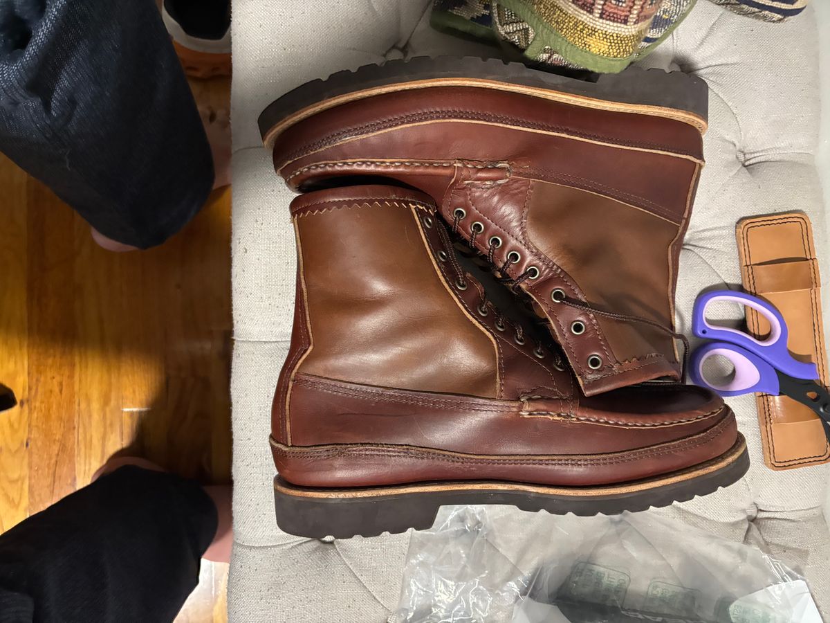Photo by bootbastard on October 1, 2025 of the Russell Moccasin Co. Joe's PH in Seidel Burgundy Double Shot & Seidel Natural Double Shot.