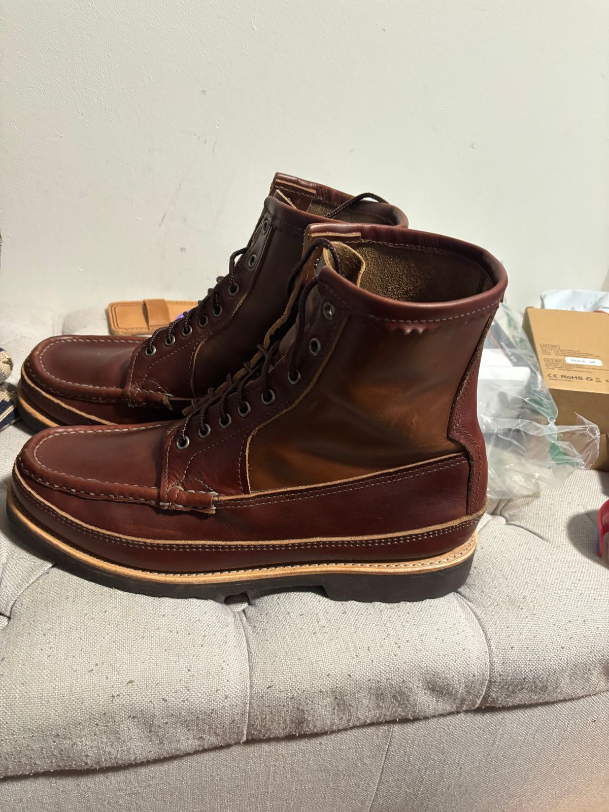 Photo by bootbastard on October 1, 2025 of the Russell Moccasin Co. Joe's PH in Seidel Burgundy Double Shot & Seidel Natural Double Shot.