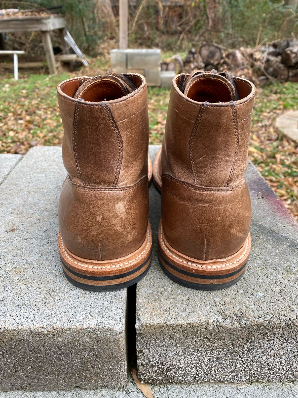 Photo by Esteban on December 3, 2022 of the Grant Stone Diesel Boot in Horween Natural Chromexcel.