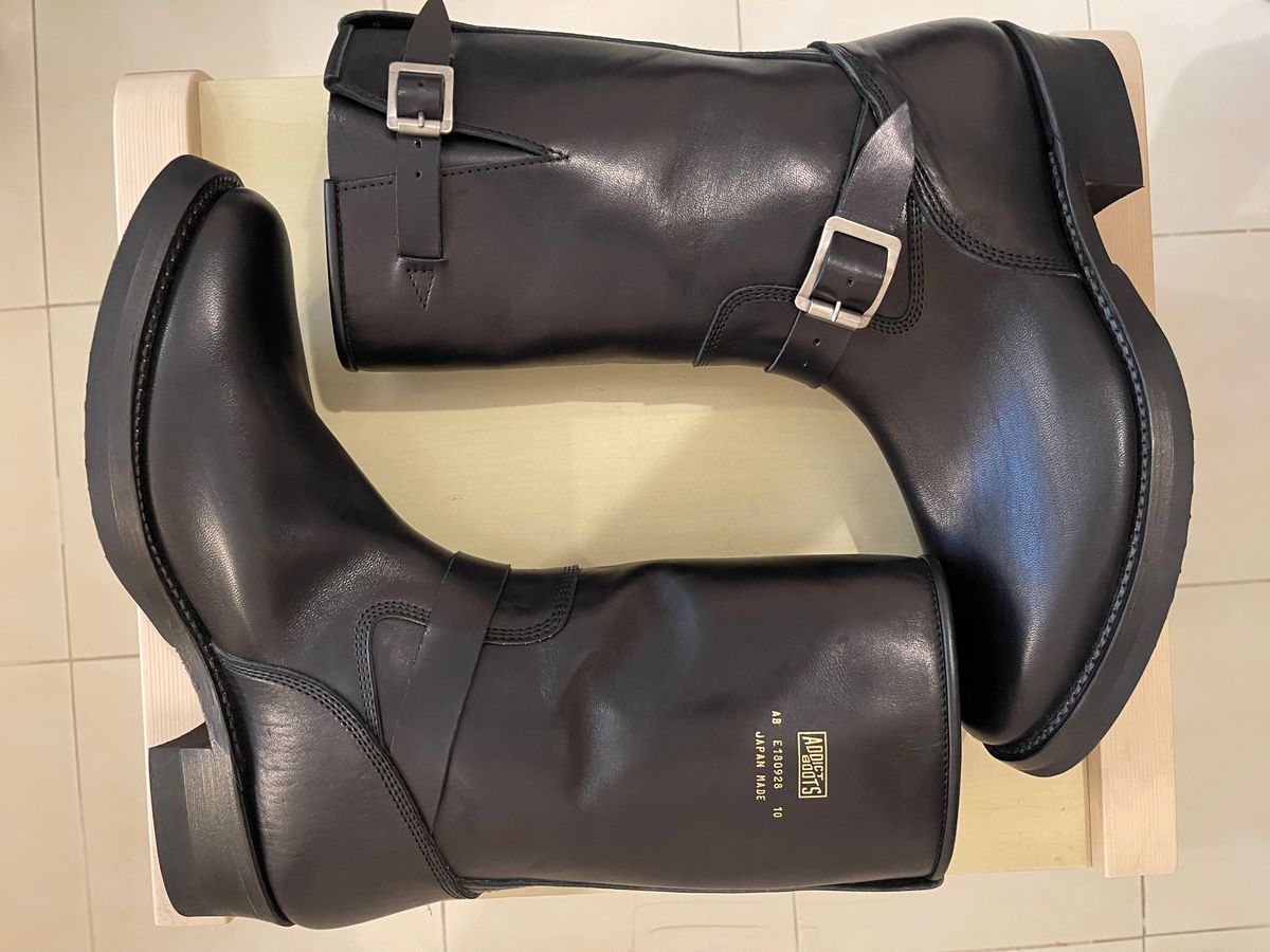 Photo by TY on October 1, 2023 of the Addict Boots AB-01 Engineer Boots in Black Dye-Finished Horsehide.