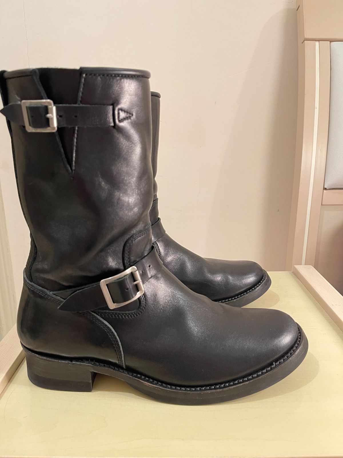 Photo by TY on January 1, 2024 of the Addict Boots AB-01 Engineer Boots in Black Dye-Finished Horsehide.