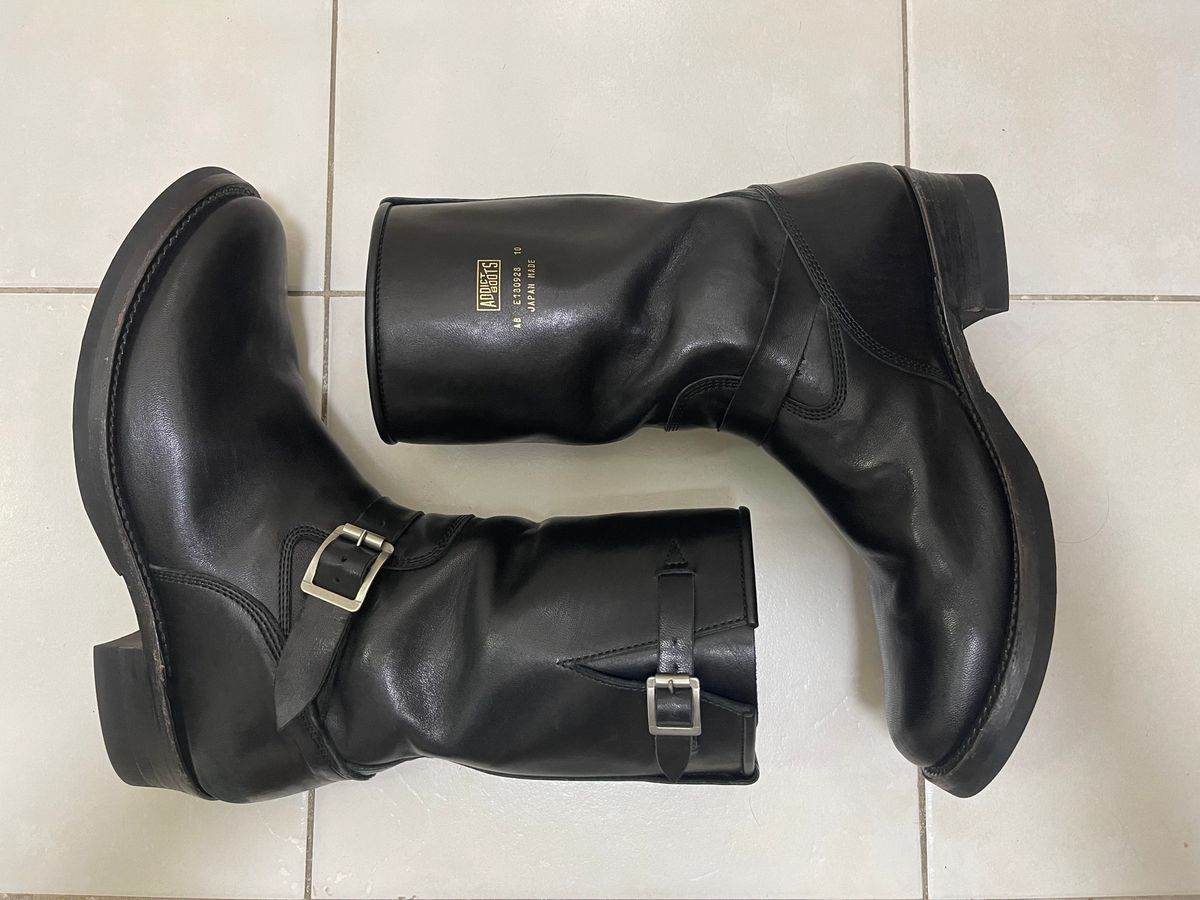 Photo by TY on February 2, 2024 of the Addict Boots AB-01 Engineer Boots in Black Dye-Finished Horsehide.