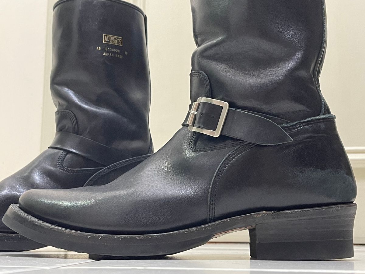 Photo by TY on March 2, 2024 of the Addict Boots AB-01 Engineer Boots in Black Dye-Finished Horsehide.