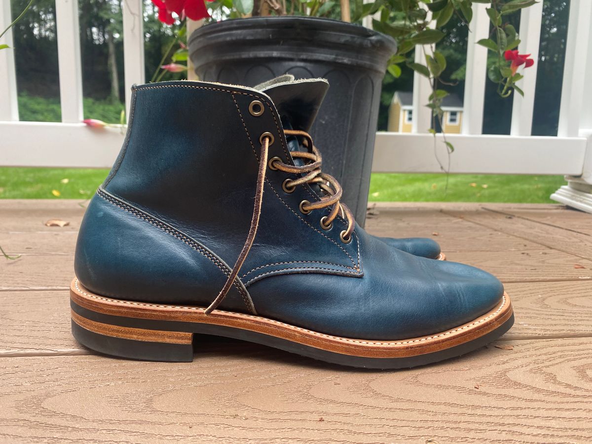 Photo by AgEcho on August 24, 2023 of the Truman Service Boot in Horween Cobalt Blue Dressier.