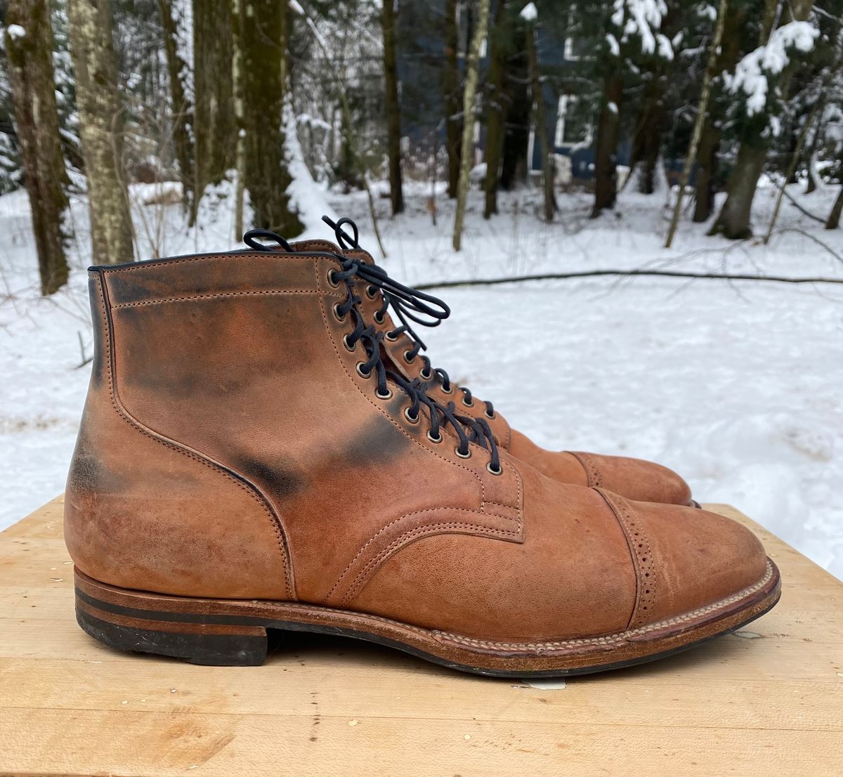 Photo by AgEcho on February 1, 2024 of the Viberg Service Boot BCT in Horween Natural Crust Double Cordovan.