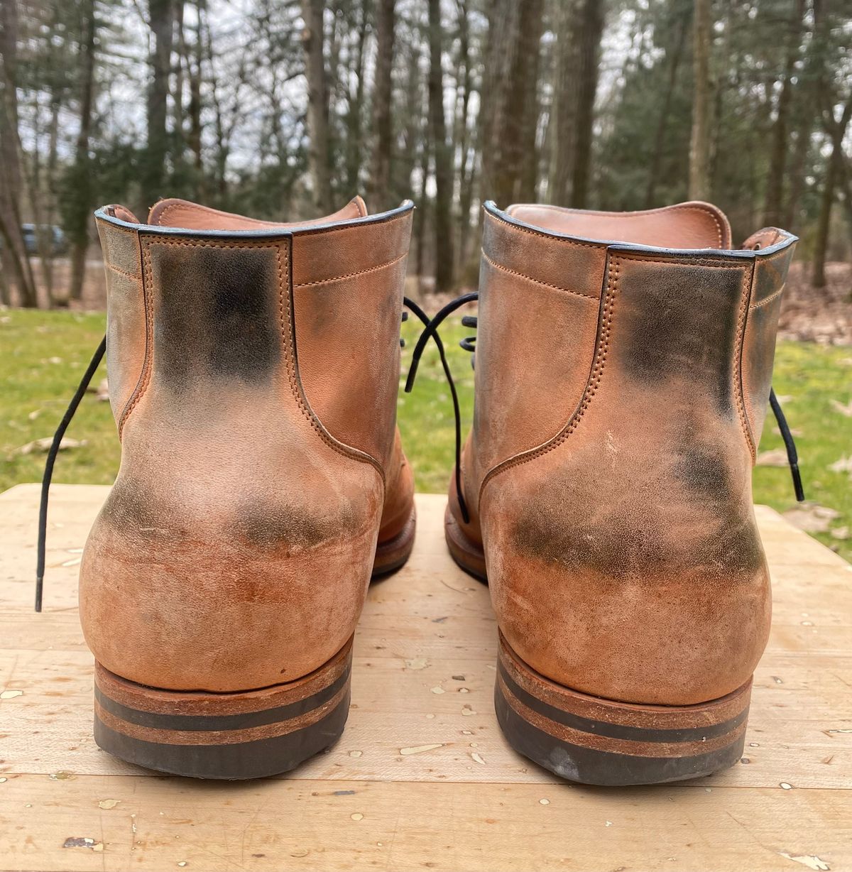 Photo by AgEcho on April 2, 2024 of the Viberg Service Boot BCT in Horween Natural Crust Double Cordovan.