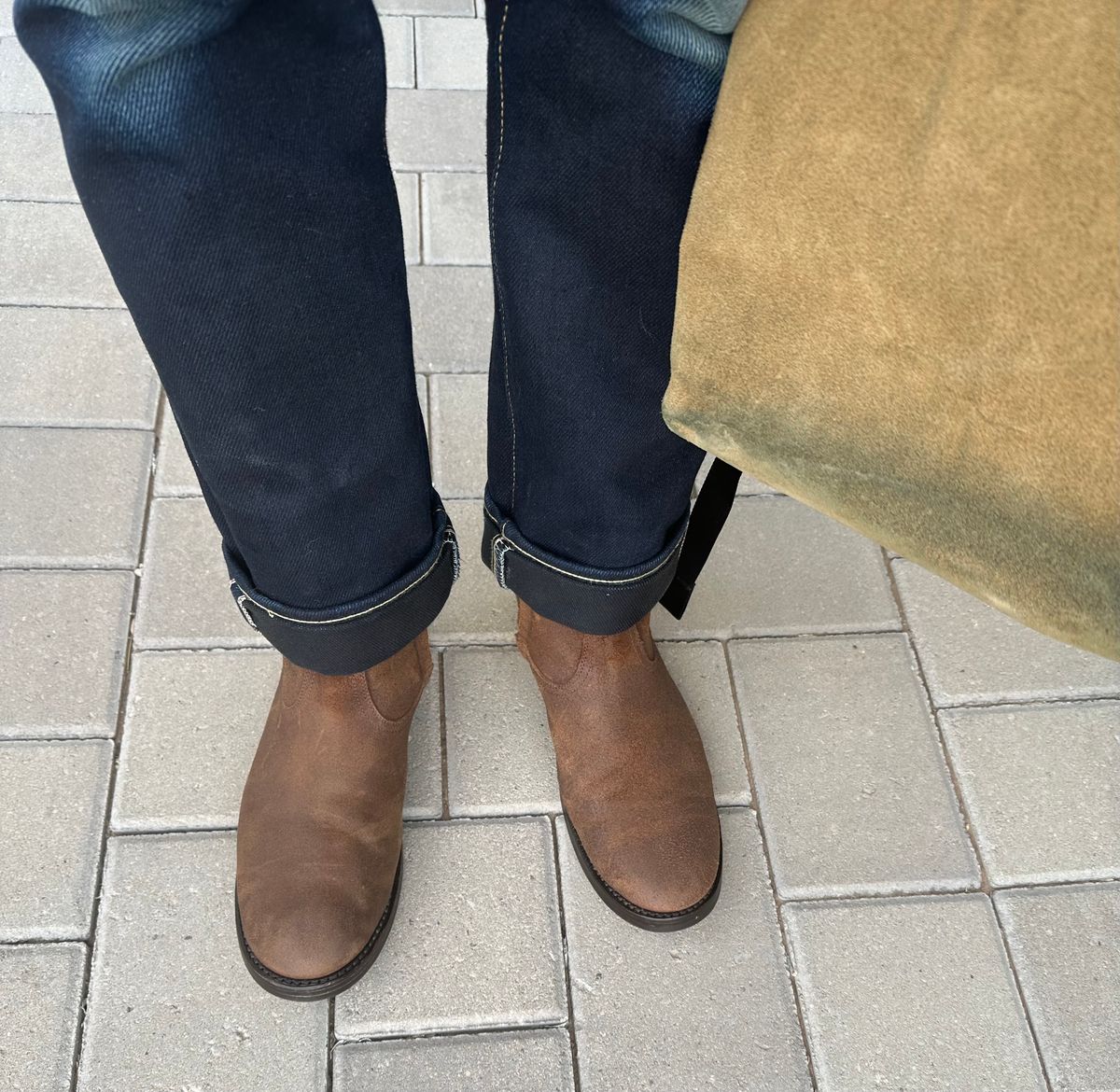 Photo by austinrylees on July 16, 2025 of the Addict Boots AB-05 Zip Western Boots in Steerhide Brown Suede.