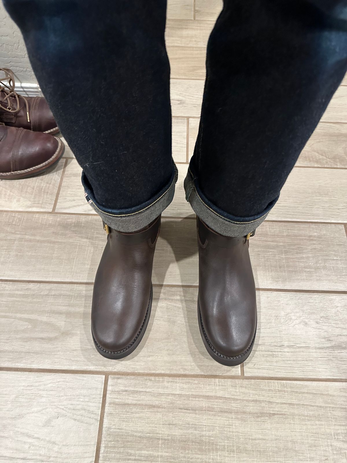 Photo by austinrylees on March 4, 2025 of the Addict Boots AB-01 Engineer Boots in Brown Horsehide.