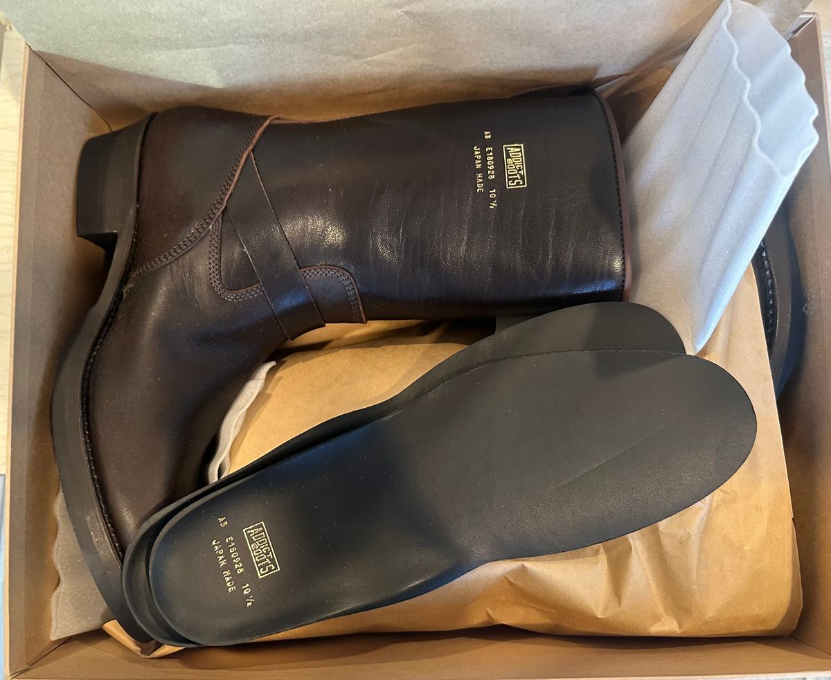 Photo by austinrylees on March 4, 2025 of the Addict Boots AB-01 Engineer Boots in Brown Horsehide.