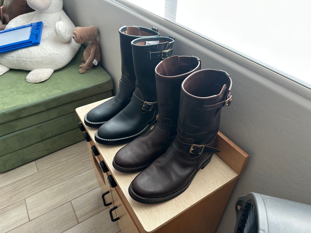Photo by austinrylees on July 9, 2025 of the Addict Boots AB-01 Engineer Boots in Brown Horsehide.
