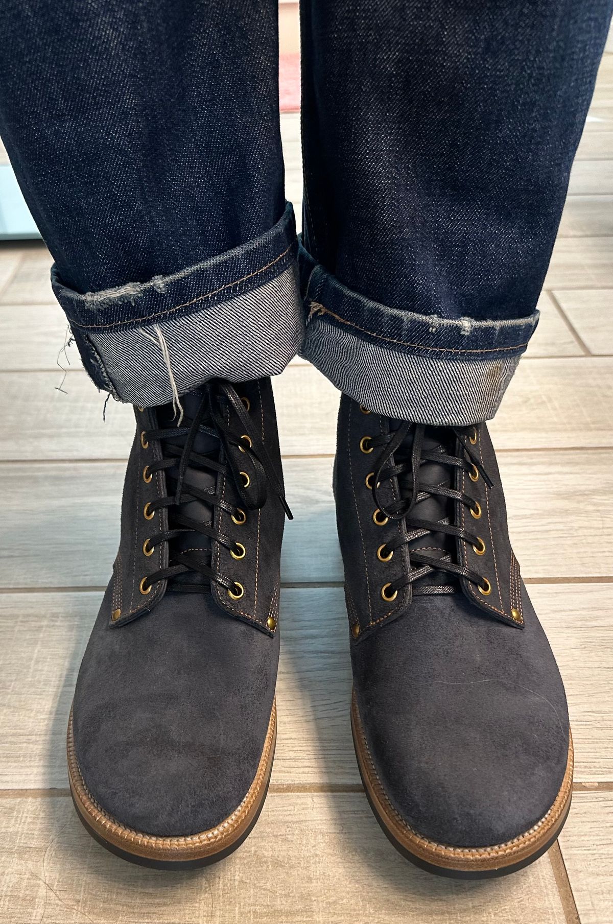 Photo by austinrylees on October 4, 2025 of the Iron Boots The Great Emily in Horween Navy Chamois Roughout.