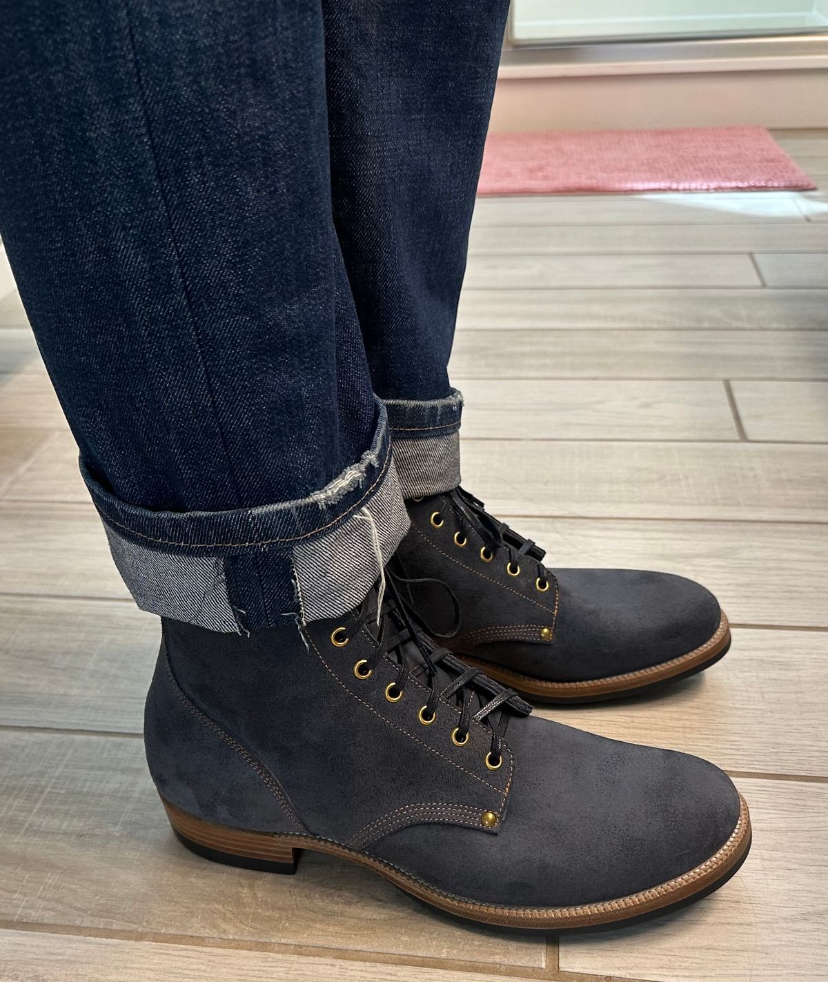 Photo by austinrylees on October 4, 2025 of the Iron Boots The Great Emily in Horween Navy Chamois Roughout.