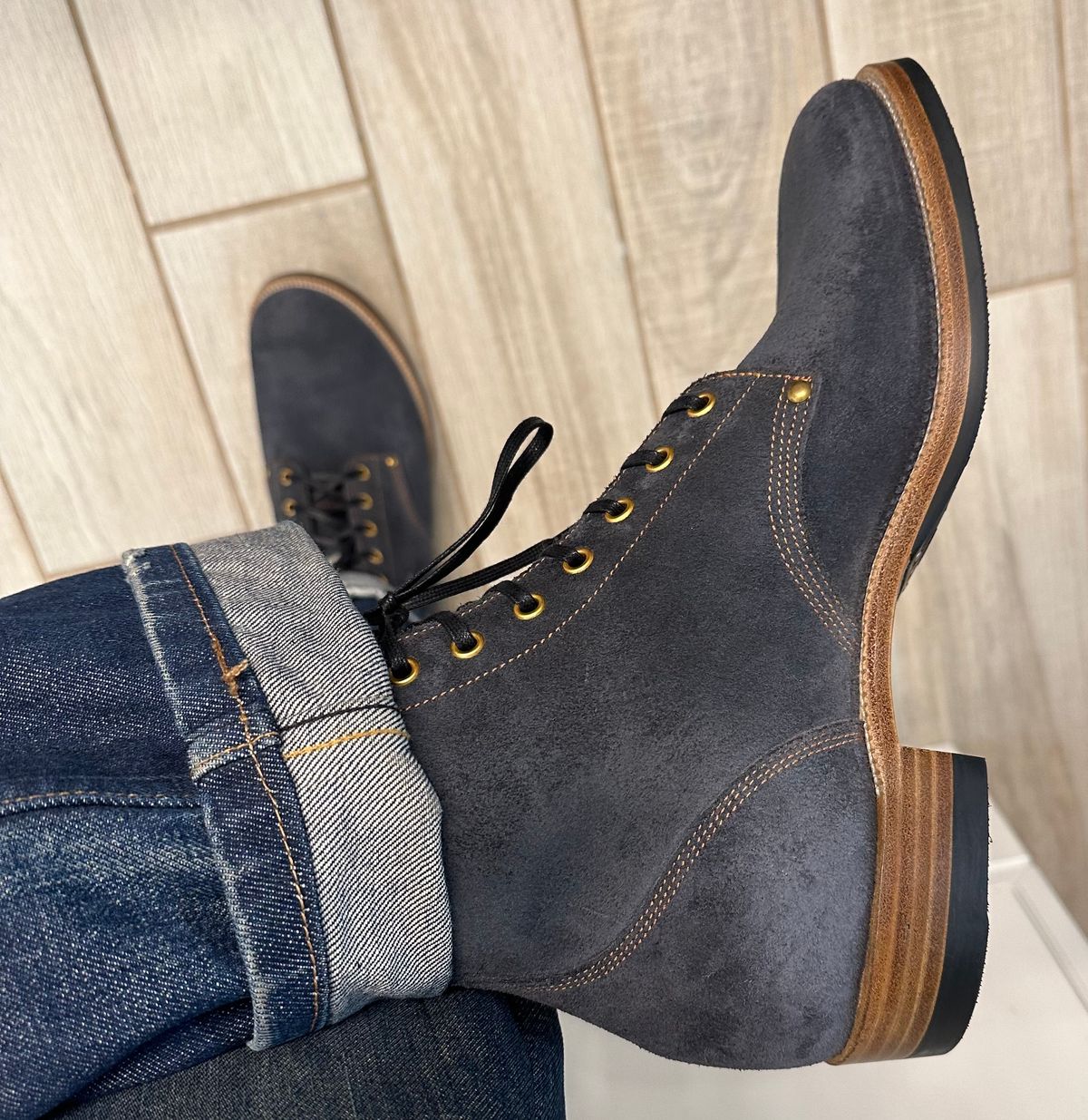 Photo by austinrylees on October 4, 2025 of the Iron Boots The Great Emily in Horween Navy Chamois Roughout.