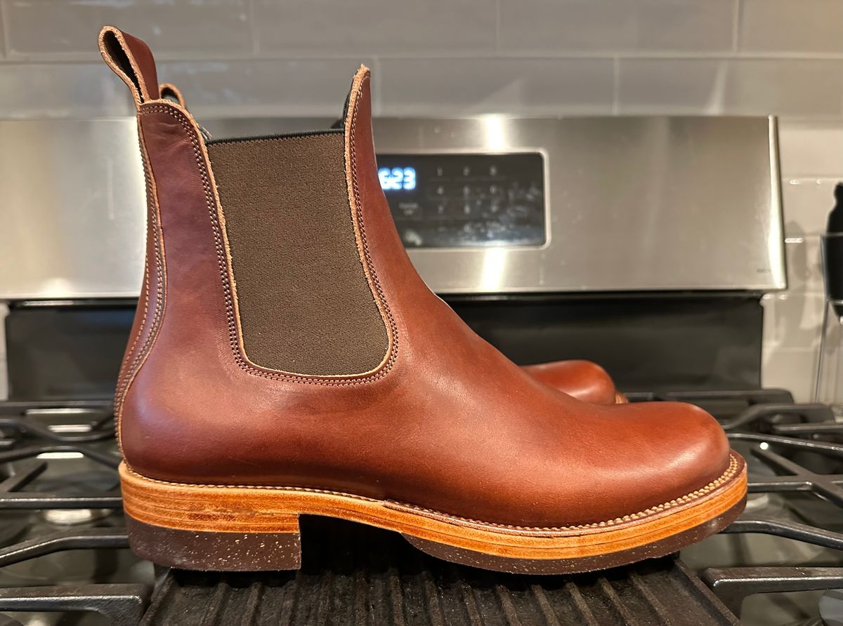 Photo by austinrylees on October 2, 2024 of the Fortis Boots Wholecut Chelsea in Wickett & Craig Medium Brown English Bridle.
