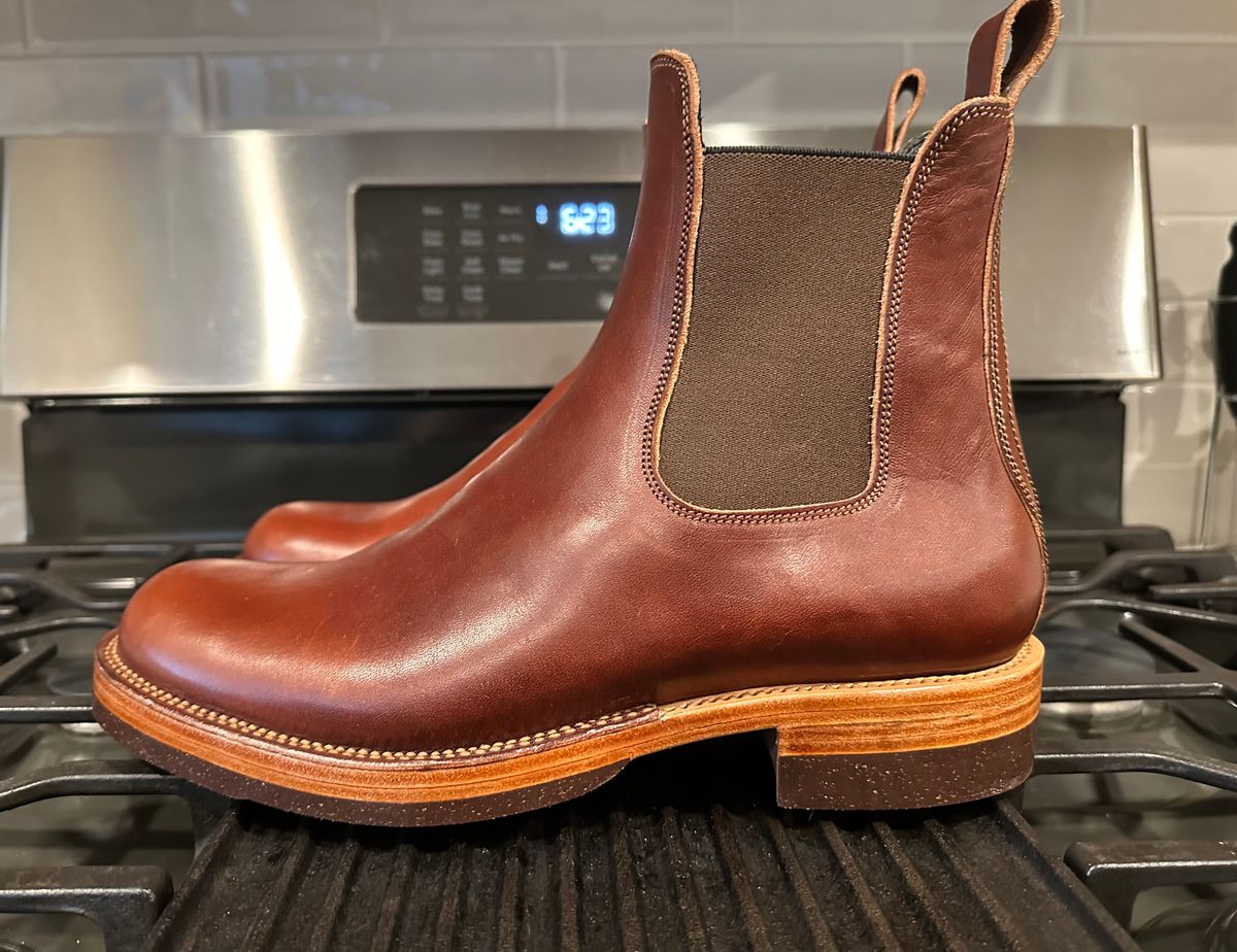 Photo by austinrylees on October 2, 2024 of the Fortis Boots Wholecut Chelsea in Wickett & Craig Medium Brown English Bridle.