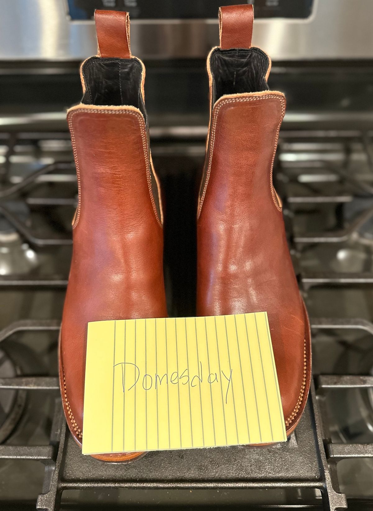 Photo by austinrylees on October 2, 2024 of the Fortis Boots Wholecut Chelsea in Wickett & Craig Medium Brown English Bridle.