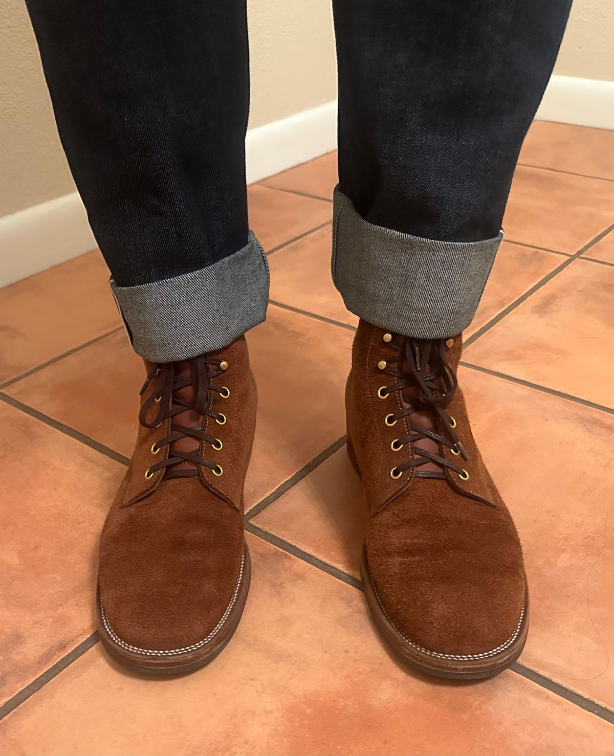 Photo by austinrylees on July 21, 2025 of the Iron Boots The Chosen One in S.B. Foot Dune Roughout Suede.