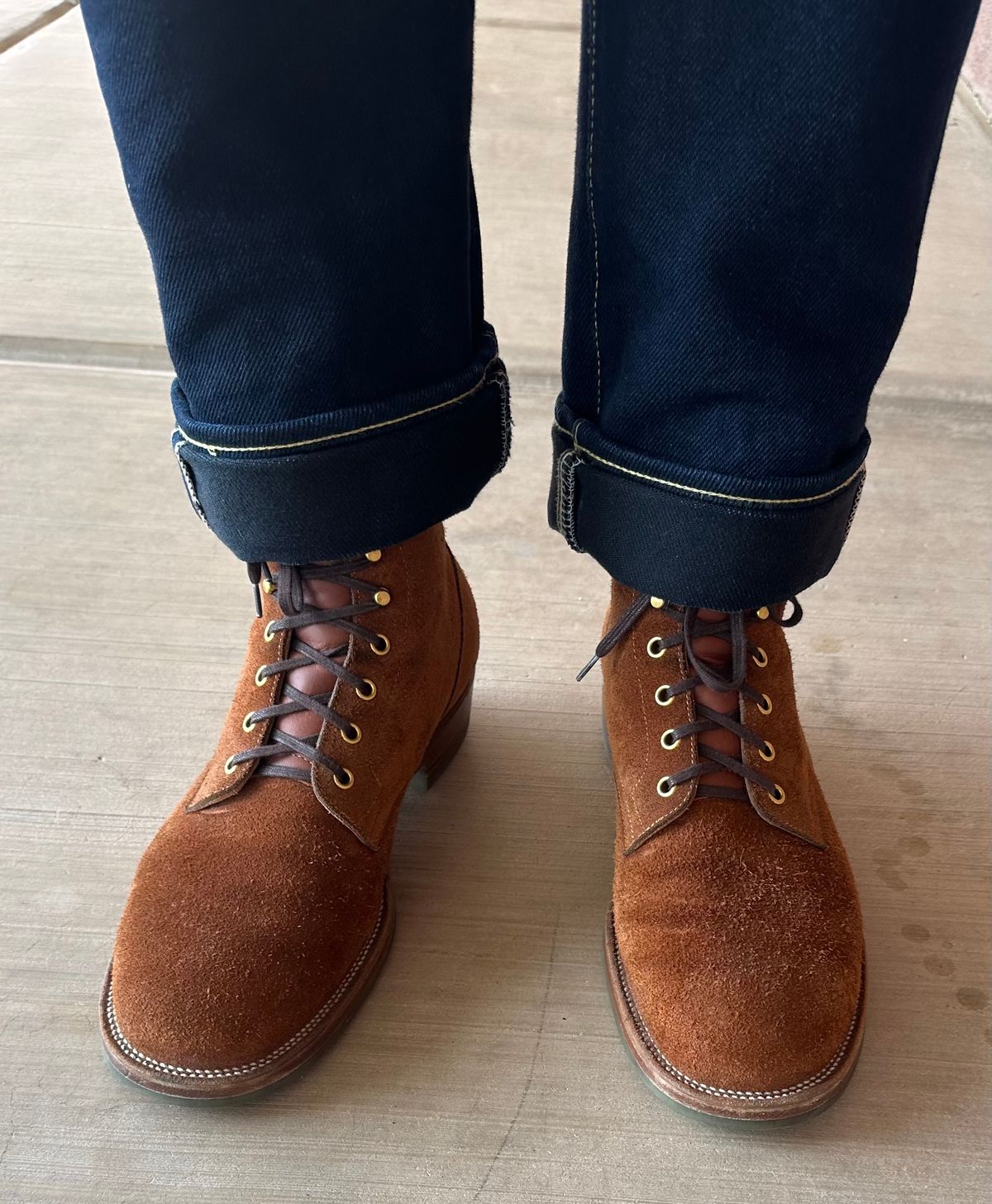 Photo by austinrylees on August 28, 2025 of the Iron Boots The Chosen One in S.B. Foot Dune Roughout Suede.
